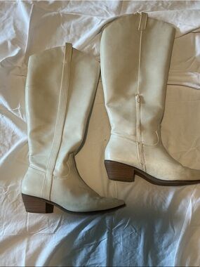 Women's Cream Knee-High Heeled Boots - Classic Western Style